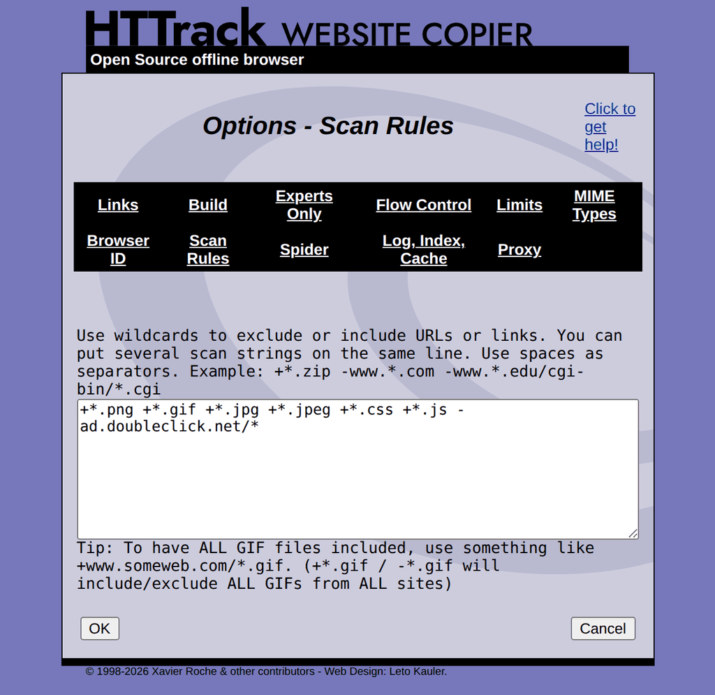 WebHTTrack Scan Rules tab