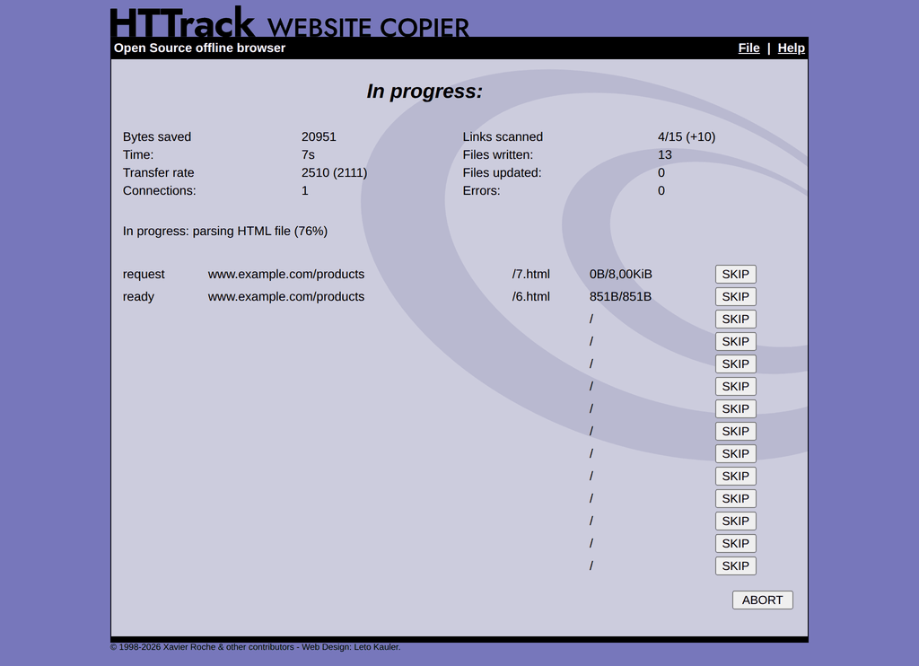 WebHTTrack mirror in progress
