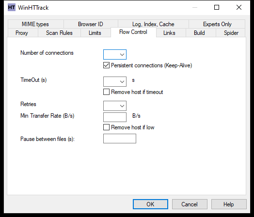 WinHTTrack Flow Control tab