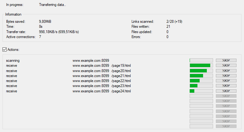 WinHTTrack mirroring a site